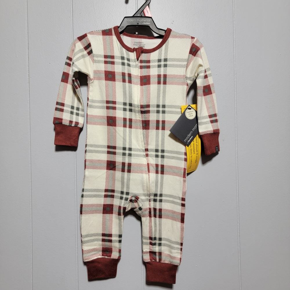 Modern Moments by Gerber Baby Plaid Union Suit 12M Burgundy Cream‎ Long Sleeve
